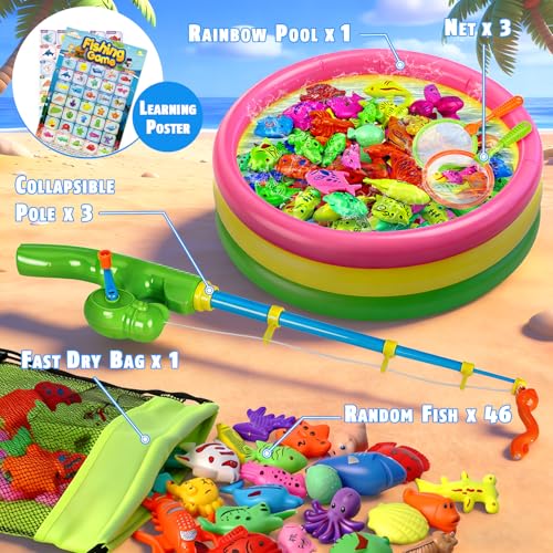 CozyBomB™ Magnetic Fishing Toys Game Set for Kids | Water Table Bathtub Kiddie Pool Party Pole Rod Net, Outdoor Plastic Floating Fish, Toddler Bath Color Ocean Sea Animals Birthday Gift Age 3-5 6 4-8 - size: 46 Fishes, style: 3 Players