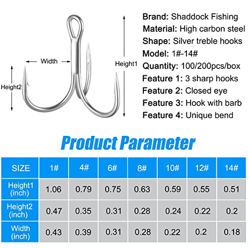 Shaddock Fishing Treble Hooks, Round Bend Short Shank Treble Hooks, High Carbon Steel, Wide Gap for Lures, Baits, Stripe, Trout, Bass, Salmon, Panfish 100/200PCS - color: White, size: 100PCS-8#