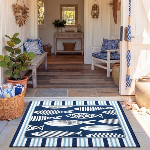 Tinideya 2 Pcs Blue Coastal Fish Door Mat Outdoor Summer Nautical Beach Welcome Front Door Mat Layered Navy Blue and White Striped Entryway Rug Non Slip Lake Beach House Decor for Front Porch Outside - size: 16 x 28 Inch,24 x 35 Inch, style: Coastal