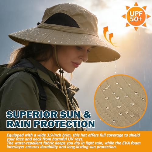 Wide Brim Sun Bucket Hat, Waterproof Boonie Hat for Men & Women | UPF 50+ UV Protection, Adjustable Fit, Chin Strap & Sweatband, Foldable Durable for Fishing Hiking Garden Beach - color: 01 Camel