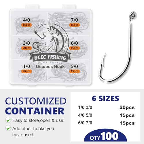 UCEC Circle Fishing Hooks Octopus Hooks Saltwater Freshwater, High Carbon Steel Offset Fishing Octopus Hook Set for Catfish Trout Fishing Size #1 1/02/03/04/05/06/07/08/0 170/ 100PCS - color: 100PCS Size: 1/0 2/0 3/0 4/0 5/0 6/0 7/0