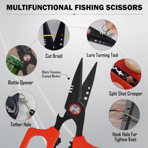 Eupheng Multifunction 4.7" Pro Fishing Scissors,Dual Serrated Blades Titanium-Coated Fishing Shears with Zinger Retractor Clip,Compatible with Braided Line,Mono and Fluorocarbon - style: 4.7in Blue Scissors + Black Zinger
