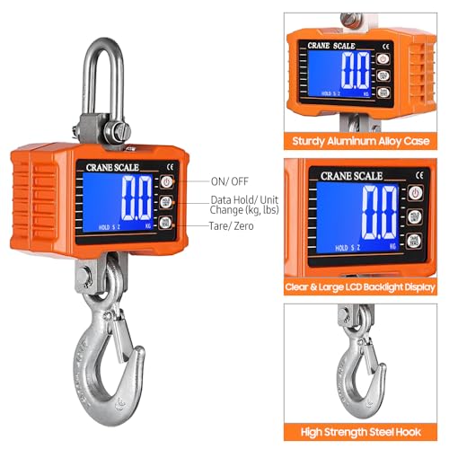 Geevorks Digital Hanging Scales Portable Heavy Duty Crane Scale,Industrial Precision Digital Hanging Scale1000KG (2204lbs),LCD Backlight,with Unit Change/Data Hold/Tare/Zero