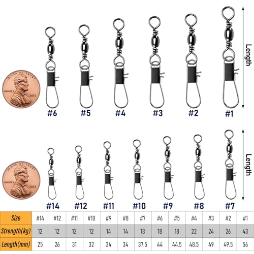 Alwonder 100-Pack Fishing Snap Swivels, Barrel Swivels Fishing Tackle with Snaps Freshwater, Stainless Steel Safty Interlock Snap Swivel Black Nickel Coated Lure Hook Connector Quick Change Clips - size: #9-31LB- 1.34"