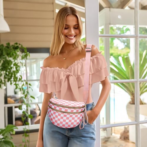Checkered Crossbody Bag Bum Bags for Women, Spacious Nylon Fanny Packs Belt Wallet (pink checkered) - color: pink checkered