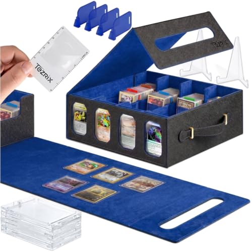 4-Row Mtg Trading Card Storage Box With Display Windows - Magnifier Ruler, 2 Display Stands, 6 Cardholders - 3000+ Card Case With Magnetic Closure, Sports TCG Card Organizer - Blue Card Boxes - color: Black, Blue (4 Row)