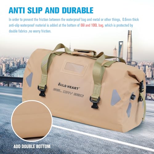 WILD HEART Waterproof Motorcycle Duffel Bag PVC500D Double-bottom With Rope Straps and Inner Pocket 40L 66L 100L for Kayaking, Camping, Boating,Motorcycle - color: 66L Khaki, size: 66L