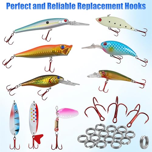 Fishing Treble Hooks Kit, Sharp Replacement Treble Hooks for Lures Baits, High Carbon Steel Fishing Hooks with Stainless Steel Split Rings Set for Bass Trout Walleye Pike - color: Red_180pcs