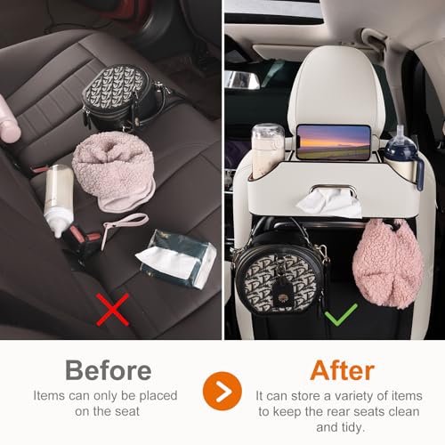 Car Rear Backseat Extra Multifunctional Drink Cup Holder Organizers With Tissue Storage Box Organizer & Hooks For Car Seat Back. White - color: White