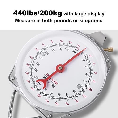 Mechanical Hanging Scales 440lb/200kg, High Accuracy Large Display Spring Dial Weight Scale Big Game Scale for Kitchen Fishing Hunting Farms - color: A:440 pounds/200kg-Gray