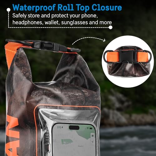 Pelican Marine IP68 Waterproof Dry Bag 2L w/Phone Pouch/Case - Hunter Camo | Roll Top Waterproof Backpack with Touchscreen Phone Pouch - Swimming, Kayaking, Camping, Rafting, Fishing & Travel Essentials - color: Hunter Camo - 2L, size: 2L