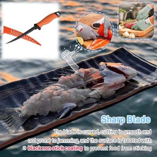2PCS fillet knife Set, 5 & 7 inch Stainless Steel filet knife for fish, Fishing Gear, Fishing Tool Set, Fishing Accessories Gifts, Non-Slip Handles, with Sharpener and Cutting Resistant Gloves, Orange - color: 2PCS-Orange