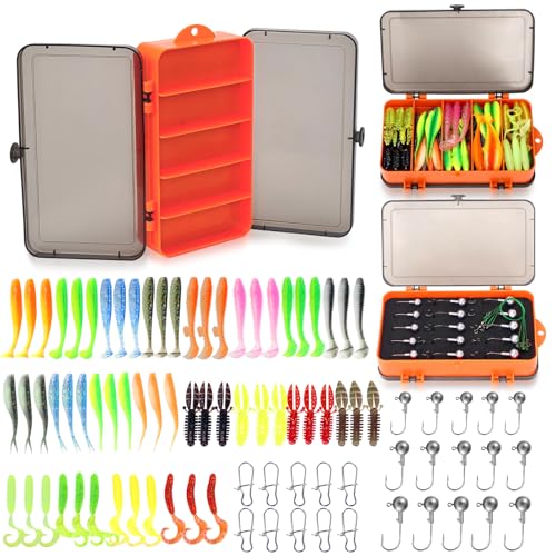 Fishing Lure Kit, 91PCS Fishing Lures Tackle Box Included Tail Swimbaits, Soft Worm Grubs, Crappie Jigs Heads, Fishing Snap Leaders, Fishing Bait Kit for Starter Bass Trout Freshwater Saltwater