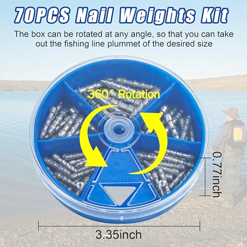 Fishing Nail Weights Kit, 70pcs Wacky Worm Weights Insert Sinkers Fishing Weights Tackle for Plastic Worms Lures Nail Sinker Weights for Wacky Rig Neko Rig Bass Fishing 4 Sizes