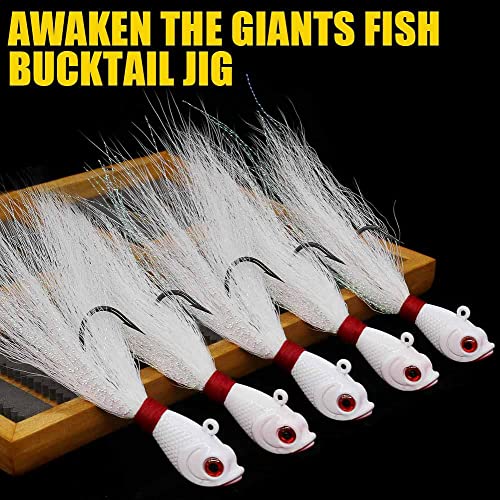 Bucktail-Jigs-Saltwater-Hair-Jigs-Head -Fishing-Lures-Assorted Kit - color: All White -5 Piece Kit, size: 1/2 oz 5 pack