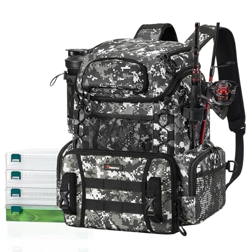 Piscifun Fishing Tackle Backpack with Rod Holders & 4 Tackle Boxes, 42L Outdoor Fishing Bag with Waterproof Rain Cover - color: Camouflage