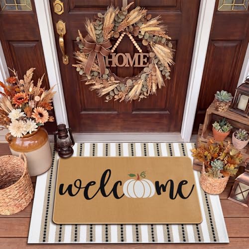 Tinideya 2 Pcs Fall Layered Doormat Set, Farmhouse Pumpkin Welcome Mat with Striped Layering Rug for Autumn Thanksgiving Outdoor Entryway Porch Decor - size: 16 x 28 Inch,24 x 35 Inch, style: Pumpkin