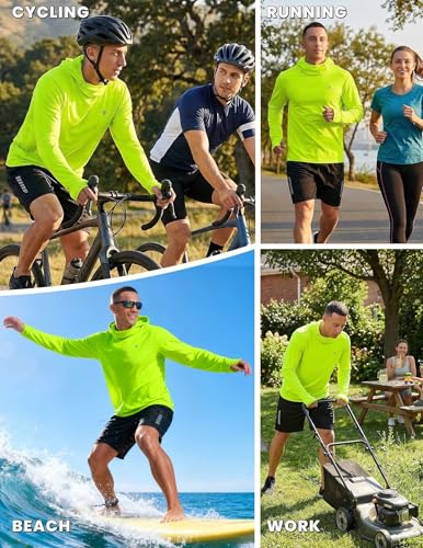 PINSPARK UPF 50+ Sun Protection Hoodie Men with Mask Quick Dry Long Sleeve Fishing Hiking Shirts UV Rash Guard Lightweight - color: Lemon Green, size: Small