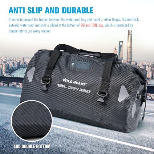 WILD HEART Waterproof Motorcycle Duffel Bag PVC500D Double-bottom With Rope Straps and Inner Pocket 40L 66L 100L for Kayaking, Camping, Boating,Motorcycle - color: 66L Imitation carbon fiber, size: 66L