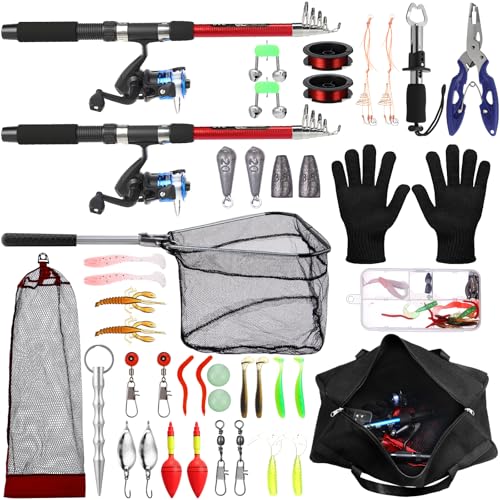 MiniInflat Telescopic Fishing Rod and Reel Combo, 6.89ft 2pcs Collapsible Rod with Plier Lip Gripper Lures Carrier Bag Pre-Loaded Spinning Reel Saltwater Freshwater Fishing Pole Kit - color: Red