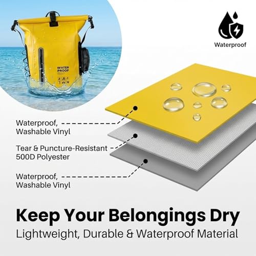 Dry Bag Waterproof 25L - Floating & Lightweight Bags for Women, Waterproof Backpack for Kayaking, Boating, Fishing, Paddle Boarding, Camping, Hiking, Roll-Top Seal & Adjustable Shoulder Straps - color: Yellow
