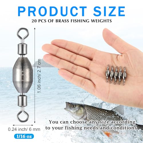 Seenelling 20 Pcs Brass Fishing Sinker Swivel Fishing Weights Saltwater Bullet Sinkers Drop Shot Weight Egg Sinkers with Swivel Rolling Removable Freshwater - size: 1/16oz
