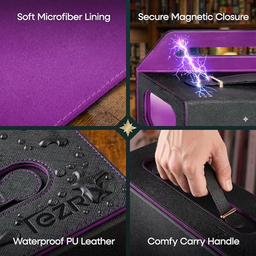 5-Row Mtg Trading Card Storage Box With Display Windows - Magnifier Ruler, 2 Display Stands, 7 Cardholders - 3000+ Card Case With Magnetic Closure, Sports TCG Card Organizer - Purple Card Boxes - color: Black, Purple (5 Row)
