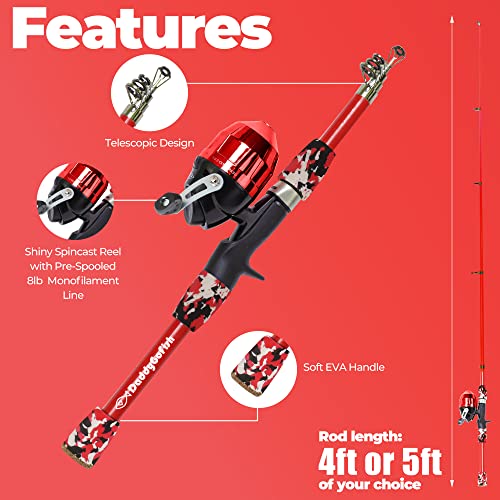 DaddyGoFish Kids Fishing Pole - Rod Reel Combo Tackle Box Starter Set - First Year Small Dock Gear Kit for Boys Girls Toddler Youth Age Beginner Little Children Junior Anglers - color: Red (Complete Set), size: 4ft
