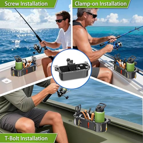 Boat Caddy Organizer, 3-in-1 Mount (Screw/Fishing Boat Track/Clamp-On), Removable Divider Card & Anti-Slip Pad, Fits 40oz Tumbler, for Boat Kayak Tree Stand Bicycle Walker Wheelchair - color: Pack Of 1