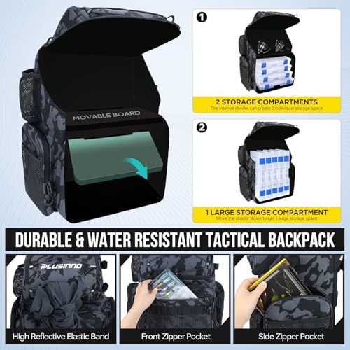 PLUSINNO Cooler Fishing Backpack with Rod Holders 45L Large Water-resistant Fishing Tackle bag Store Fishing Gear Fishing Gifts for Men Father - color: Black Camo with box