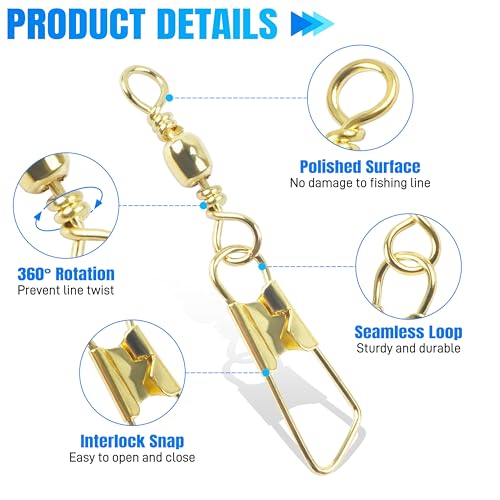 AGOOL Fishing Swivels Snaps, 60/120pcs Barrel Swivels with Nice Snaps Gold High Strength Solid Rings Line Lures Connector Fishing Tackle Accessories - size: #10_60pcs
