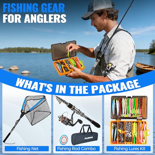 PLUSINNO Fishing Gear - Telescopic Fishing Rod and Reel Combo with Tackle Box, Collapsible Rod and Lures Box, Travel Fish Pole Starter Kit, Fishing Accessories Tackle Lure Kit Gifts for Men Bass Trout - color: Full kit with lures and net, size: 2.1m 6.89f
