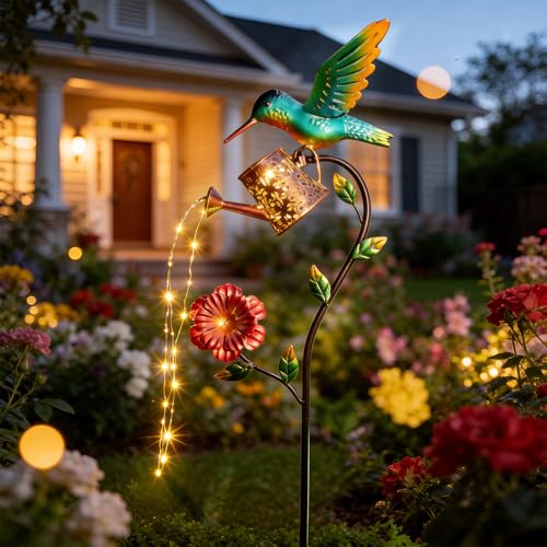 36 Inch Solar Hummingbird Lights, Solar Garden Decor with Watering Can Lights, Hummingbird Hanging Lantern Outdoor Decoration for Outside Yard Patio Porch Lawn Backyard, Birthday Gifts for Mom Women - color: Hummingbird Water Can