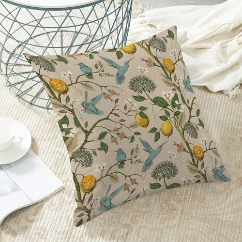 Chinoiserie Pillow Covers 16 x 16 Set of 2, Spring Lemon Blue Green Bird Floral Throw Pillow Covers Farmhouse Flowers Pillowcase Home Decor for Couch Sofa Outdoor - color: Chinoiserie-d, size: 16" x 16" (Pack of 1)