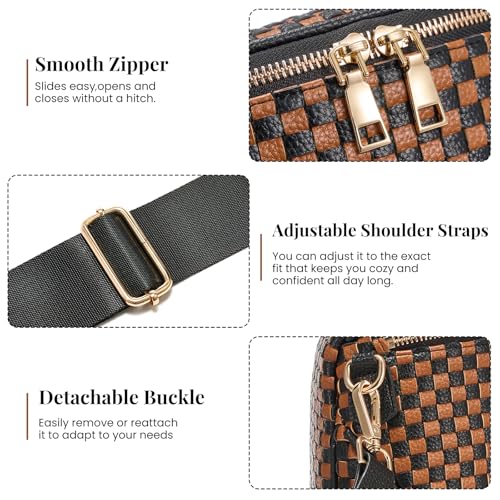 Woven Vegan leather Crossbody Bags For Women, Checkered Fashion PU Bum Bag Waist Pack, Travel Sling Purse with Adjustable Strap（Brown and Black) - color: Brown and Black