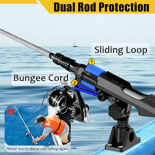 2-in-1 Fishing Rod Holder for Boat Kayak Rod Holder Track Deck Mount, Secure Fishing Pole Holders with Triple Rod Protection, Dual T Bolt, Bungee Cord & Sliding Loop