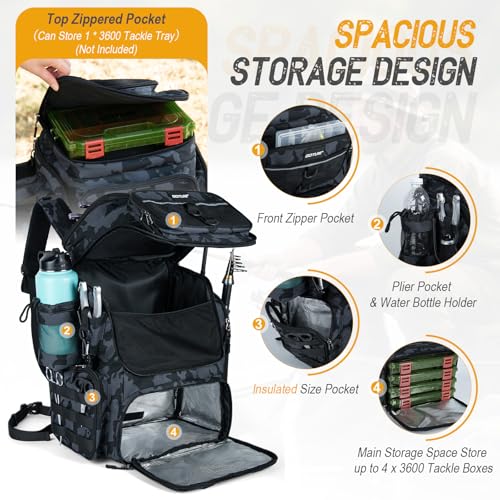 Goture Fishing Backpack with 4 Tackle Boxes, 900D Water-Resistant Tackle Backpack with Rod Holders,Insulated Cooler Compartment, 55L Large Capacity Fishing Gear Storage Bag for Saltwater & Freshwater - color: A3:camo(4 Tackle Boxes Included)