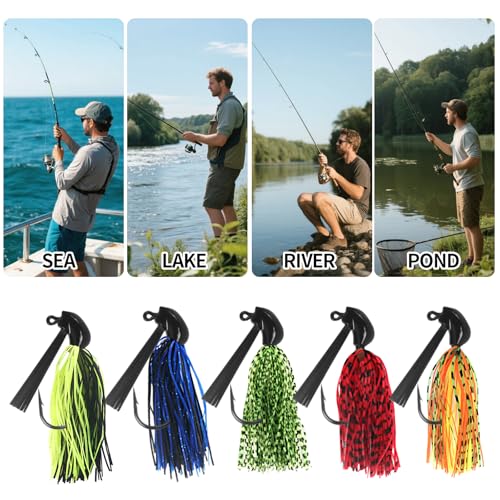 Bass Bladed Fishing Lures Jigs: 5pcs Swim Silicone Skirts Flipping Lures Hook Pitching Bait - color: Multi Color