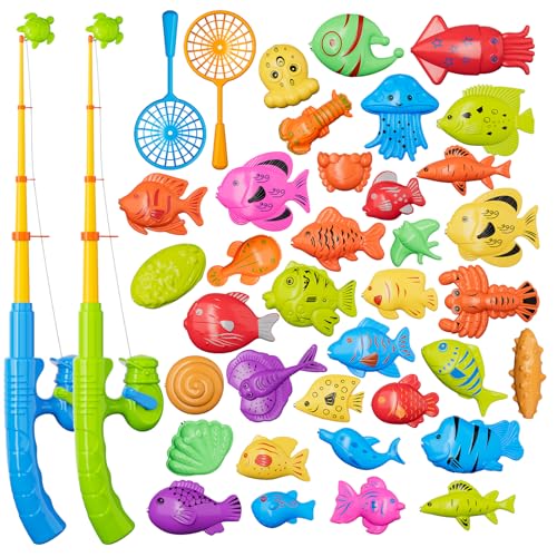 Magnetic Fishing Pool Toys Game for Kids Toddlers, Water Table Bathtub Toy with Pole Rod Net Plastic Floating Fish, Water Bath Pool Outdoor Toys for Kids Toddlers Baby Age 3 4 5 6 Year Old - style: 35 fish
