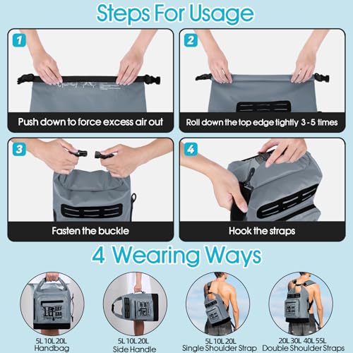MORXPLOR Dry Bag Waterproof,5L/10L/20L/30L/40L/55L Roll Top Dry Bag Backpack with WaterProof Phone Case for Swim,Kayak - color: Middle Grey, size: 5Liter