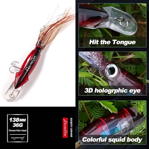 Wondersee Squid Fishing Bait Soft Hard Lures Kit Swimbait Crankbait Jig Simulation Weighted Holographic 4 PCS - color: red&black