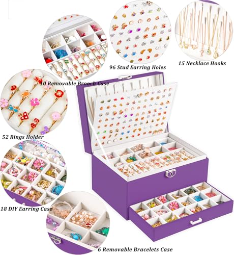 QBestry Earrings Jewelry Box for Girls, 5 Layers Jewelry Organizer with Earring Holder Organizer for Girls Earring Organizer Jewelry Boxes for Women Earrings and Necklaces Jewelry Box Organizer Purple - color: Deep Purple, size: Large