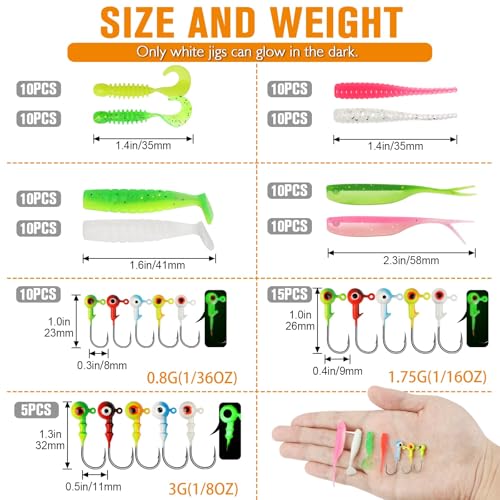 Dovesun Crappie Lures with Jig Heads Kit, Soft Plastic Grubs-Tube Baits 1/8oz 1/16oz 1/32oz Crappie Jigs Walleye Trout Bass Crappie Baits 95-120pcs - color: C-110PCS-Crappie Lures(small)