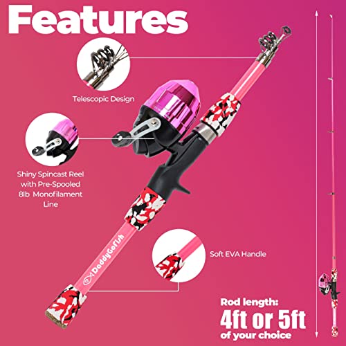 DaddyGoFish Kids Fishing Pole - Rod Reel Combo Tackle Box Starter Set - First Year Small Dock Gear Kit for Boys Girls Toddler Youth Age Beginner Little Children Junior Anglers - color: 2 Pack- Pink + Pink (Complete Set), size: 5ft
