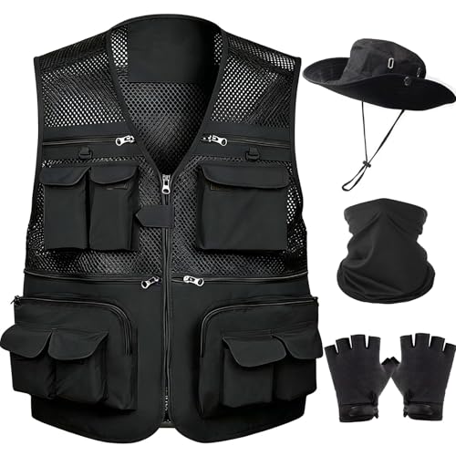 HUNTURE Fishing Vest,Pocket Vest and Hat Gloves Neck Gaiter Set for Men,Lightweight Utility Outerwear Vest - color: Black, size: X-Large