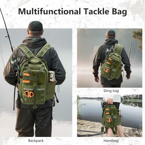 BASSDASH Convertible Fishing Backpack Sling Bag with Rod Holder, Adjustable Tactical Water-Resistant Tackle Storage Pack FP07 - color: Army Green, size: Standard