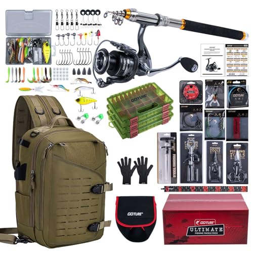 Goture Fishing Kits for Adult,Fishing Pole and Reel Combo, OpenSide Fishing Sling Tackle Storage Bag with 3 Tackle Boxes,Gift for Men - color: Khaki 20L Bag + 3600 Trays +Basic Bait Set(Gift Boxed), size: 9FT/2.7M