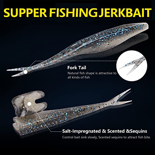 Fishing Bait Soft Plastic Lures 30/50 Pcs, Weighted Hooks 10 Pack & 40-Piece Set, 4in/5in Salty Split Tail Jerk Shad, 3/0 4/0 5/0 Weedless Swimbait Hook for Bass Fishing - color: Set B, size: 5in-30 Pcs