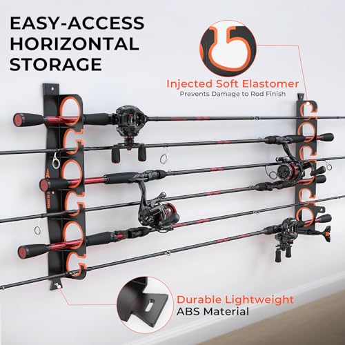 KastKing SafeGuard LS Horizontal Fishing Rod Rack with Line Spooler – Wall or Ceiling Mount, Holds 12 Rods & Combos, No-Twist Fishing Rod Holder with Spooler & Cutter (Spinning & Baitcasting) - color: B:Upgraded w/ Spooler, 2 Pack (store 12 rods)