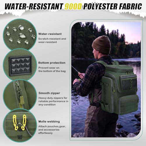 HAMBOLY Fishing Backpack 45L with Rod Holders, Water-Resistant Tackle Backpack for Fishermen, Large Capacity Fishing Gear Bag for Travel Hiking Camping - color: Army Green (4 Tackle Boxes Included)